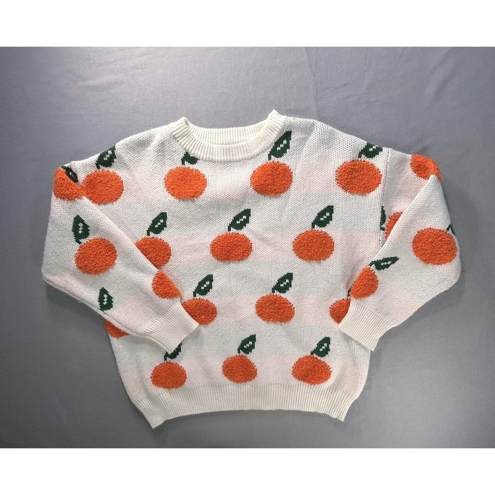 Cider Orange Fruit Knit Sweater White Pullover Cozy‎ Crewneck Size Medium